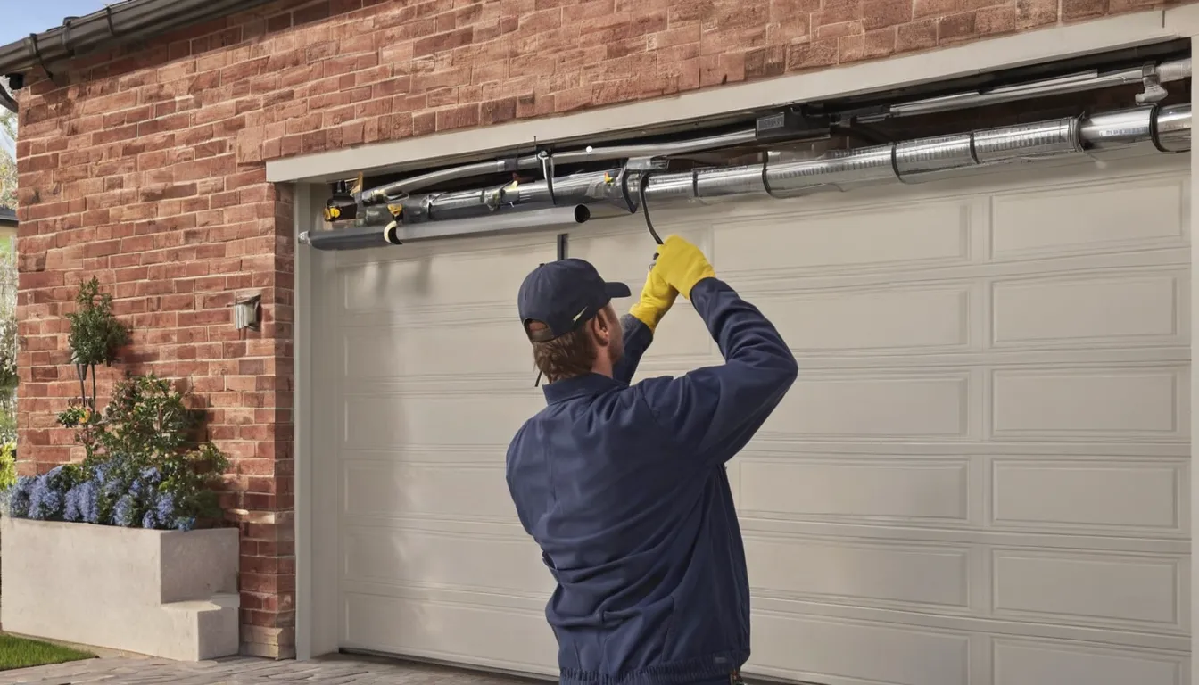 Friendly local garage door provider checking torsion springs above a residential garage door in the Lawrenceville area